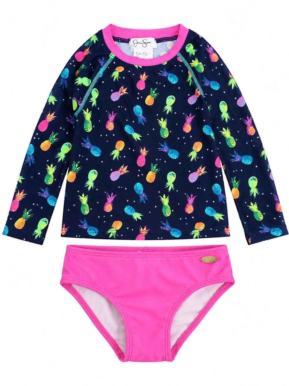 Jessica Simpson Navy Pineapple Print Rashguard Set with Bright Pink Bottoms